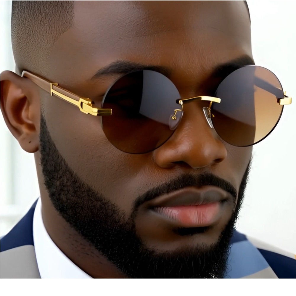 Rimless Sunglasses Round Lens Wood Arms Gold Accents Men's‎ Fashion Street Wear